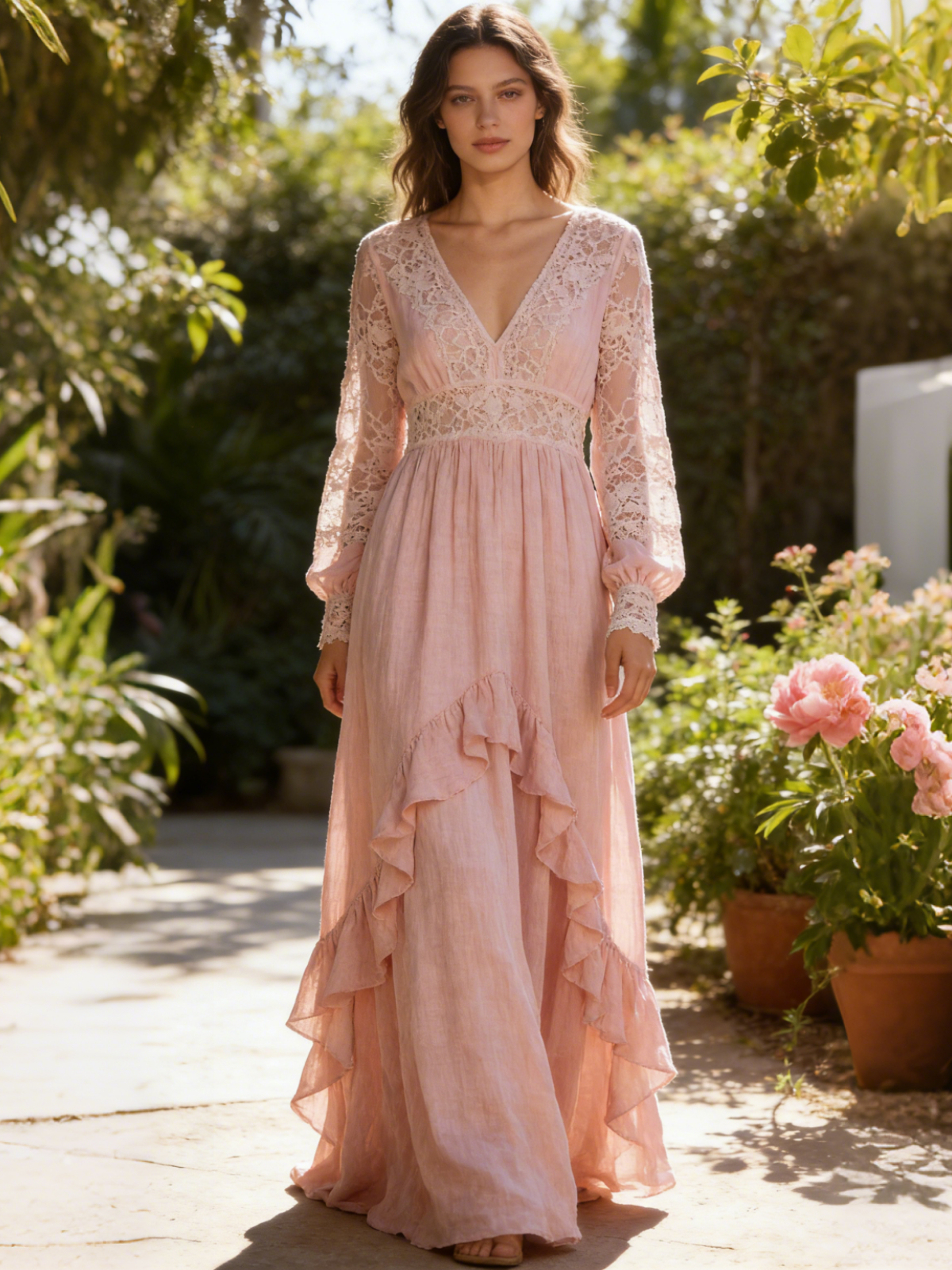 Vintage Boho Print V Neck Long Sleeve Flowy Maxi Dress