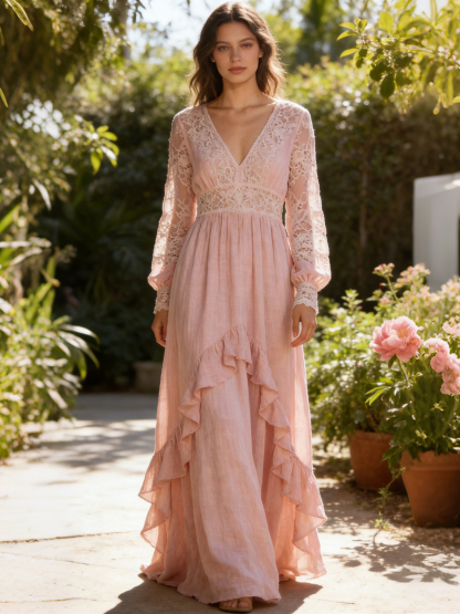 Vintage Boho Print V Neck Long Sleeve Flowy Maxi Dress