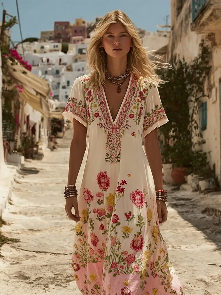 Elegant Boho Roses Pattern V Neck Flowy Linen Maxi Dress