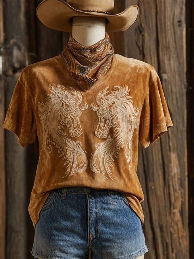Women's Double Horse Head Embroidered Suede-Like Tee