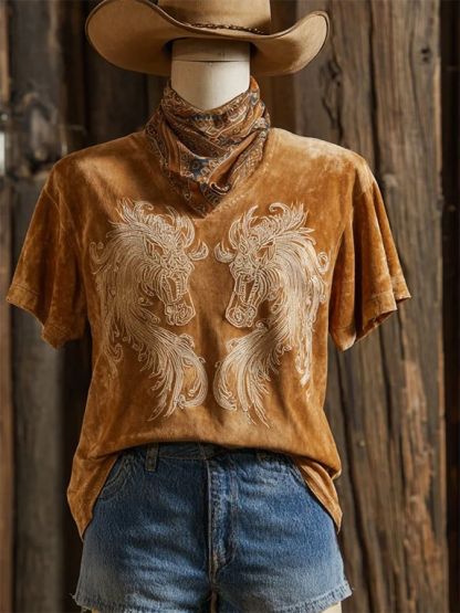 Women's Double Horse Head Embroidered Suede-Like Tee