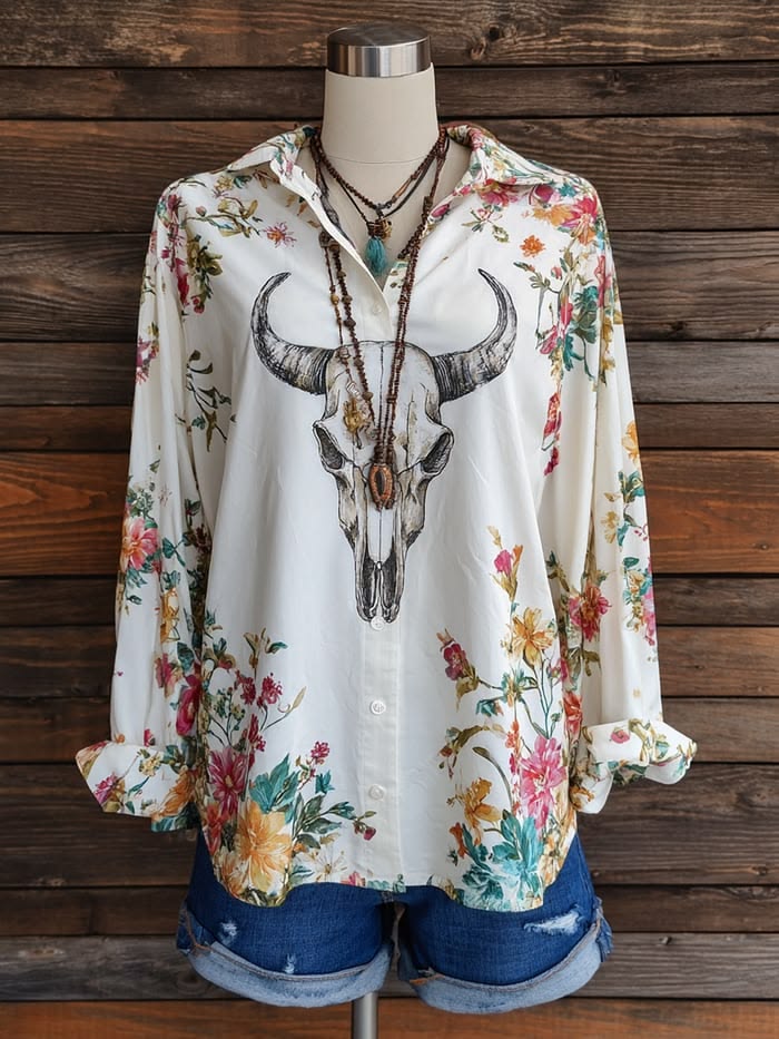 Women's Floral & Cow Skull Print Western Shirt