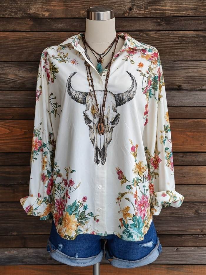 Women's Floral & Cow Skull Print Western Shirt