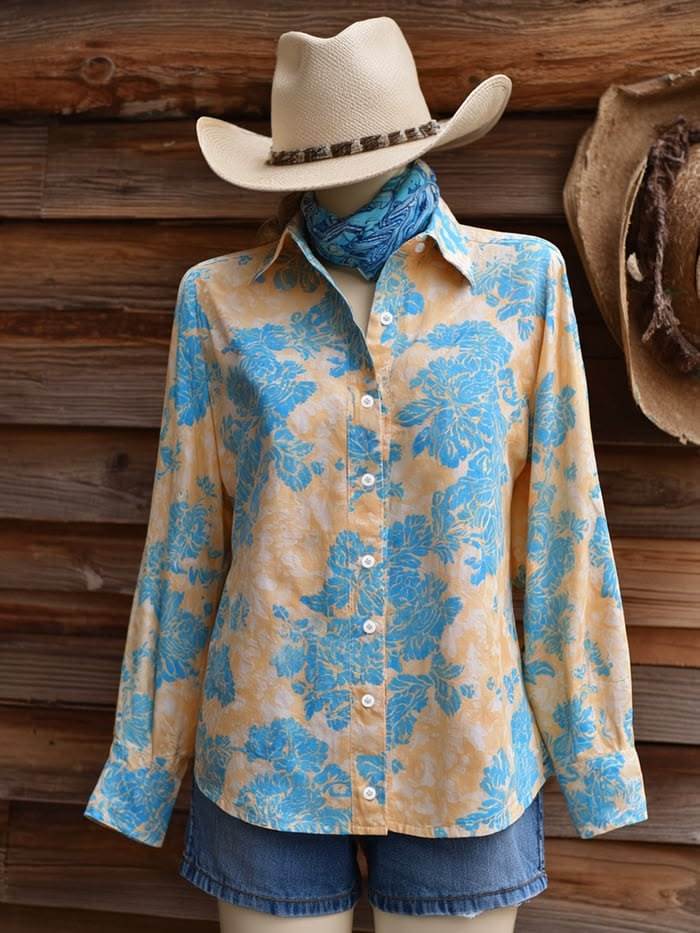 Women's Yellow & Blue Floral Western Shirt