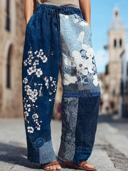 Women's Indigo Floral Patchwork Linen Wide-Leg Pants