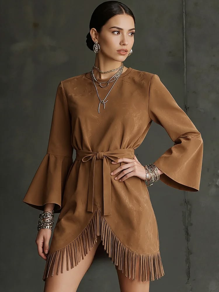 Simpfit Fashionable retro dress for women with round neck, fringe, flared sleeves and long sleeves