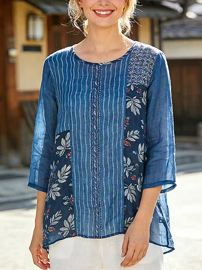 Women's Blue & White Stripe Floral Embroidered Linen Blouse