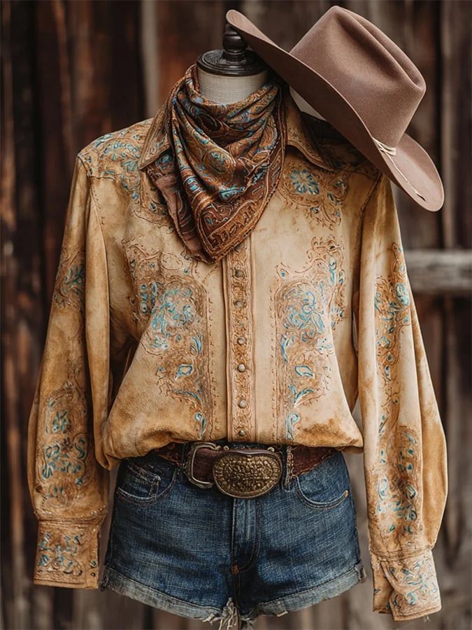 Western Vintage Washed Paisley Print Western Shirt