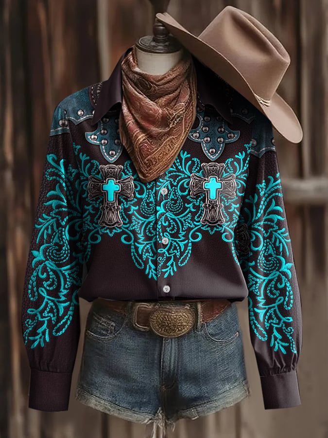 Women's Black & Turquoise Cross Scroll Print Western Shirt