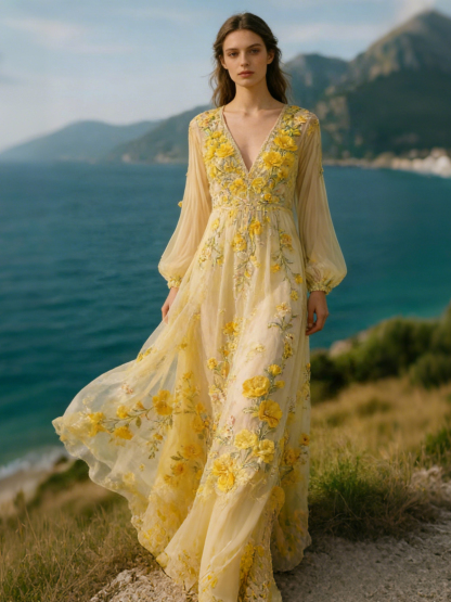 Vintage Boho Print V Neck Long Sleeve Flowy Maxi Dress