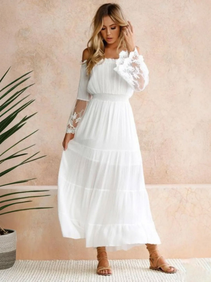 Women's Elegant Lace Sleeve A-Line Maxi Dress 