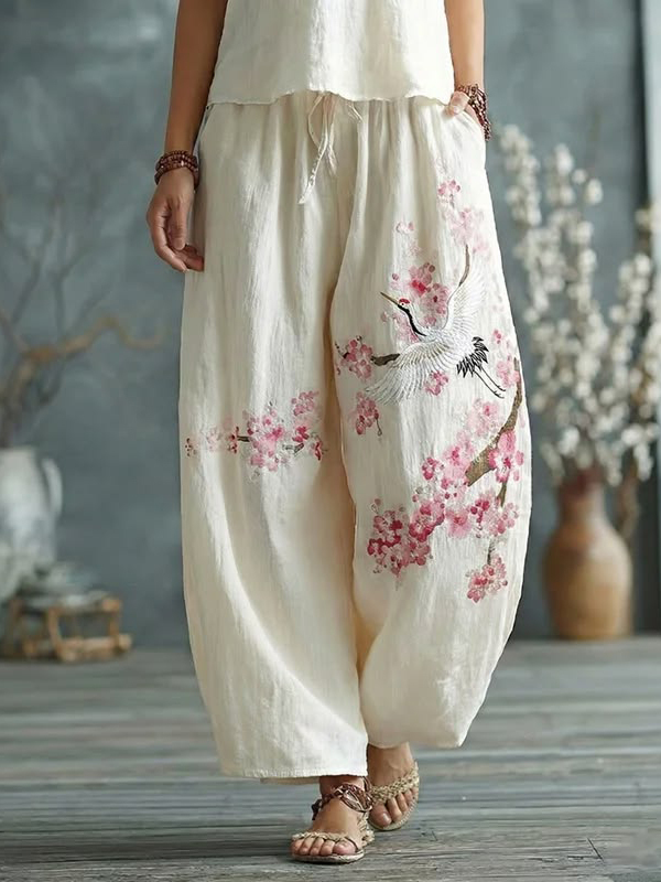 Women's Cream Linen Cherry Blossom & Crane Embroidered Harem Pants