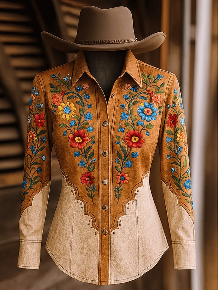 Women's Floral Embroidered Patchwork Western Shirt