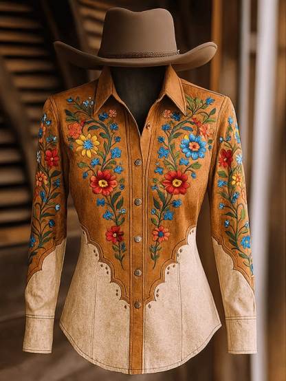 Women's Floral Embroidered Patchwork Western Shirt