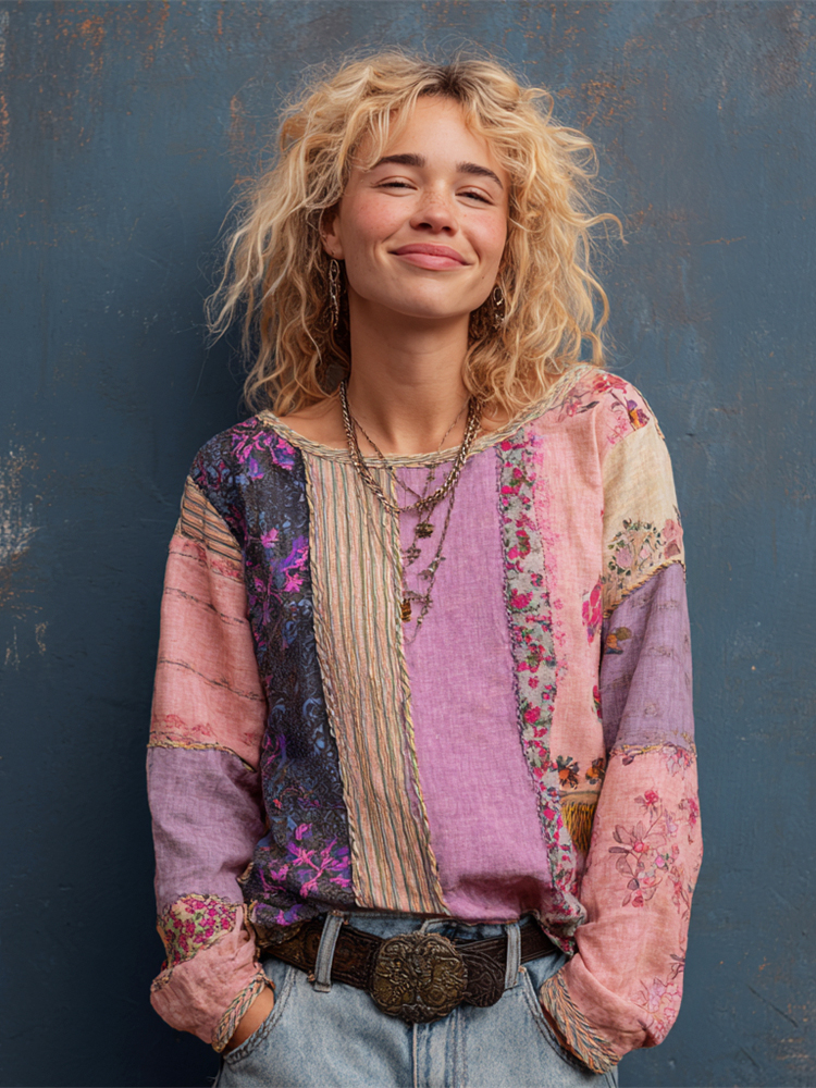 Rustic Boho Floral Patchwork Art Women's Linen Long Sleeve Shirt