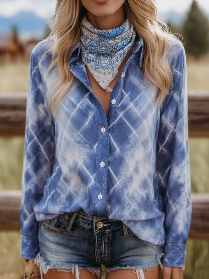 Women's Blue & White Tie Dye Plaid Western Shirt