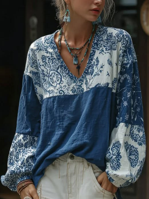 Women's Blue & White Patchwork Floral V-Neck Linen Blouse