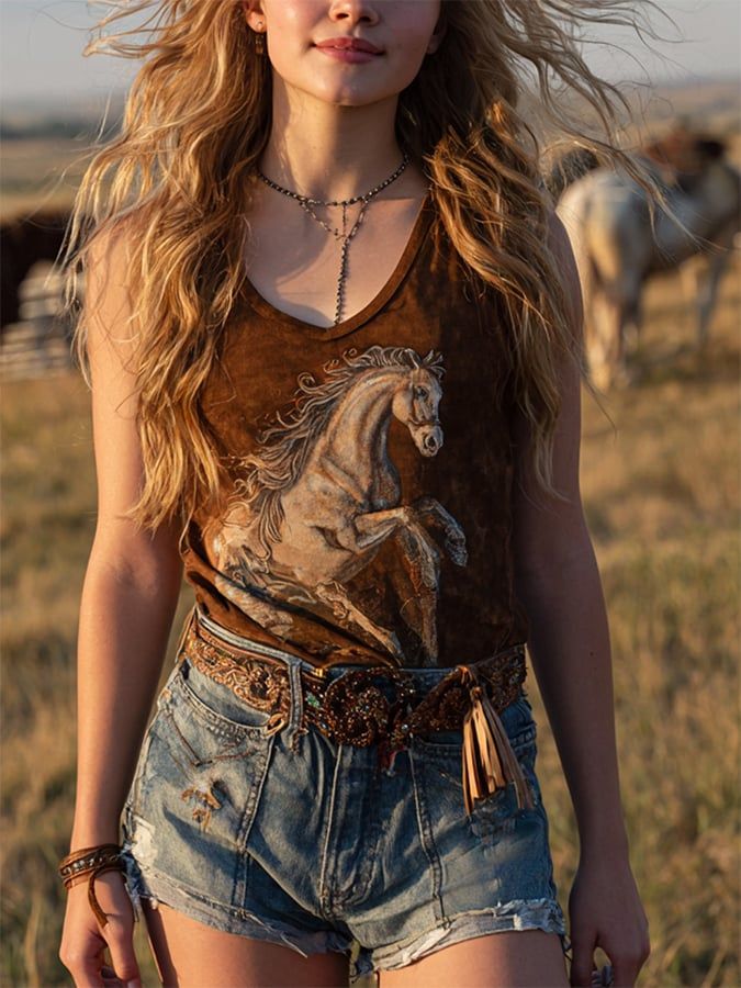 Women's Brown Washed Running Horse Graphic Tank Top