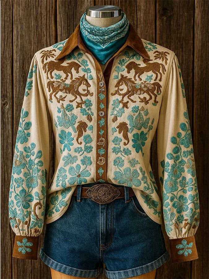Women's Horse & Floral Embroidered Western Shirt