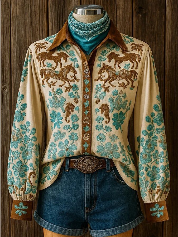 Women's Horse & Floral Embroidered Western Shirt