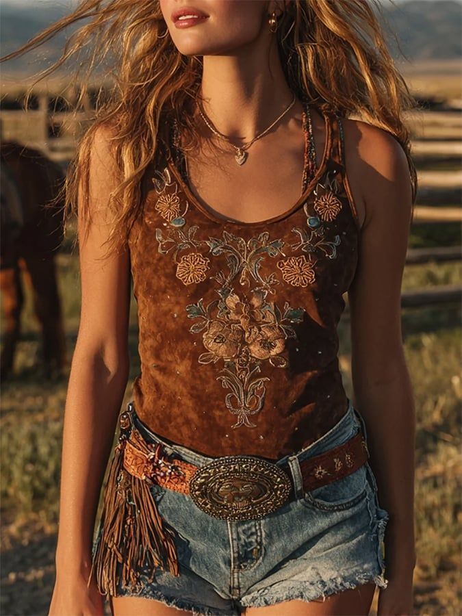 Women's Brown Suede-Like Floral Embroidered Tank Top