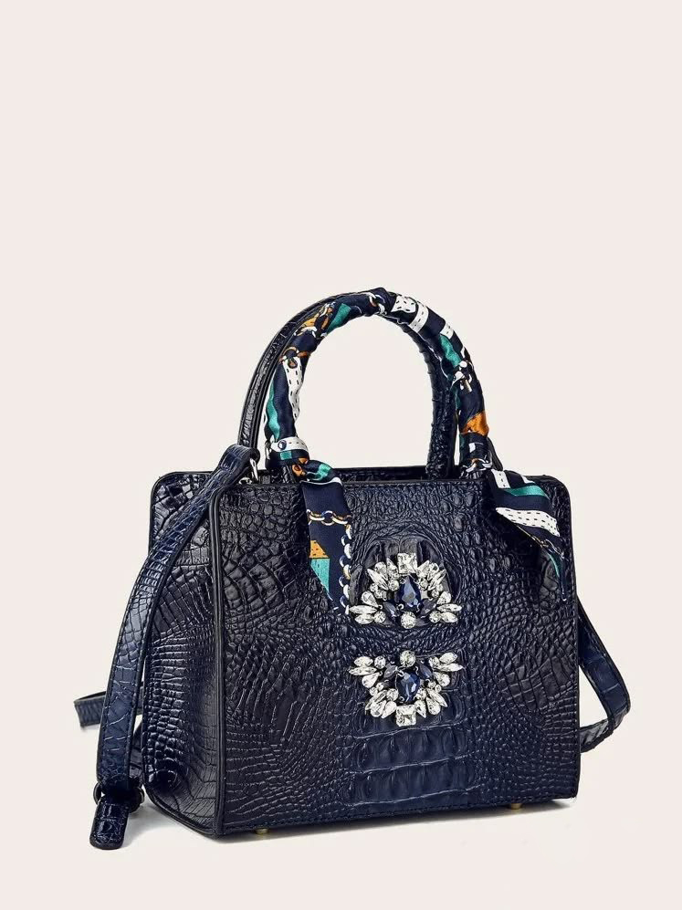 Twilly Scarf & Rhinestone Decor Satchel Bag