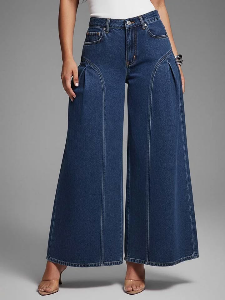 Women's High Waist Pocketed Pleated Wide Leg Loose Casual Denim Pants