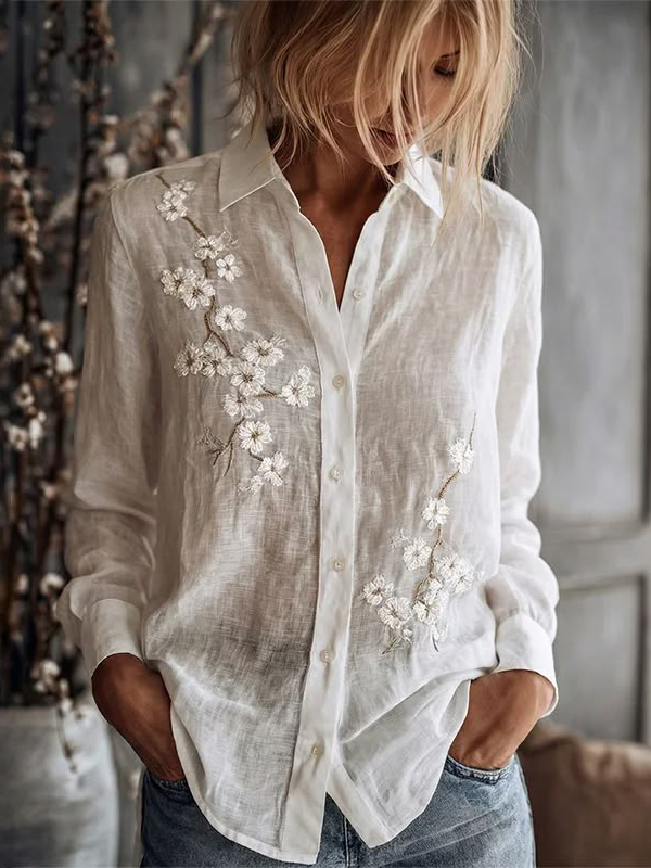 Women's White Linen Cherry Blossom Embroidered Shirt