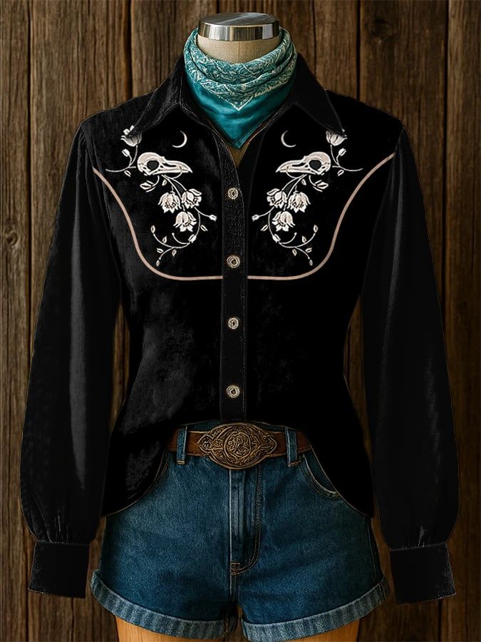 Women's Black & White Floral Embroidered Western Shirt