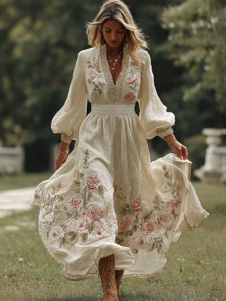 Women's Retro Bohemian Art Floral V-neck Long-sleeved Dress.