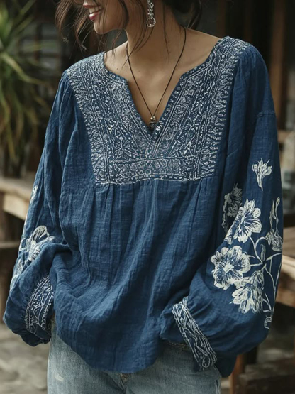 Women's Indigo Embroidered Floral V-Neck Linen Blouse