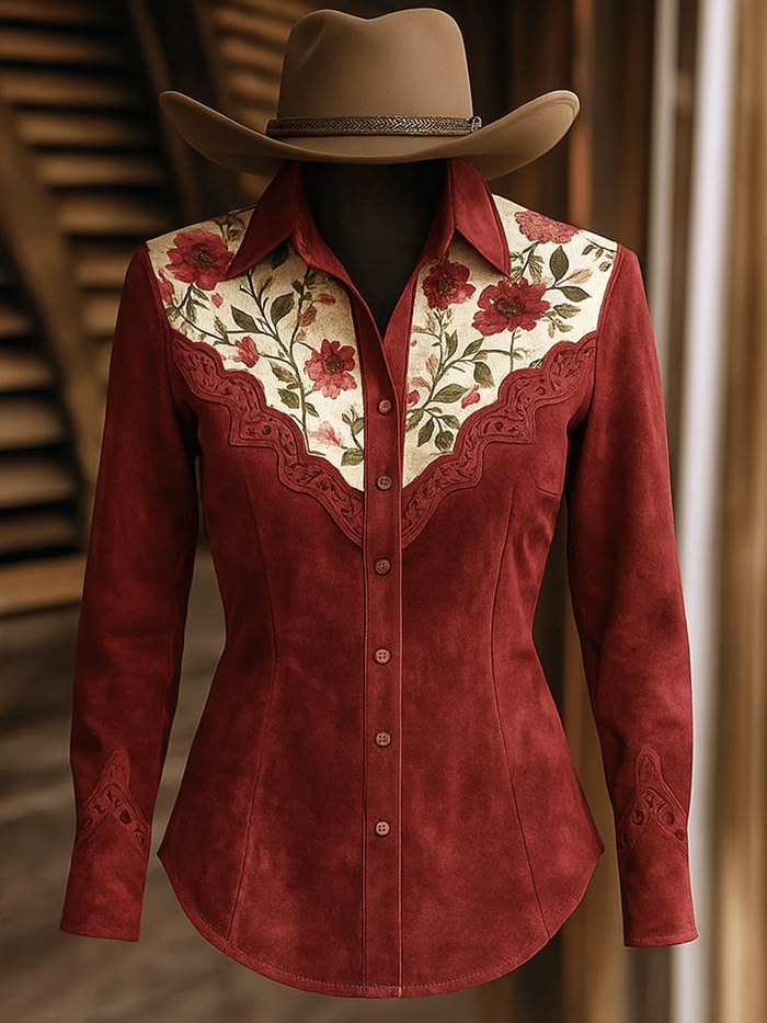 Women's Burgundy Floral Yoke Western Shirt