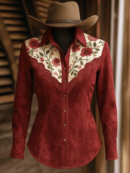Women's Burgundy Floral Yoke Western Shirt