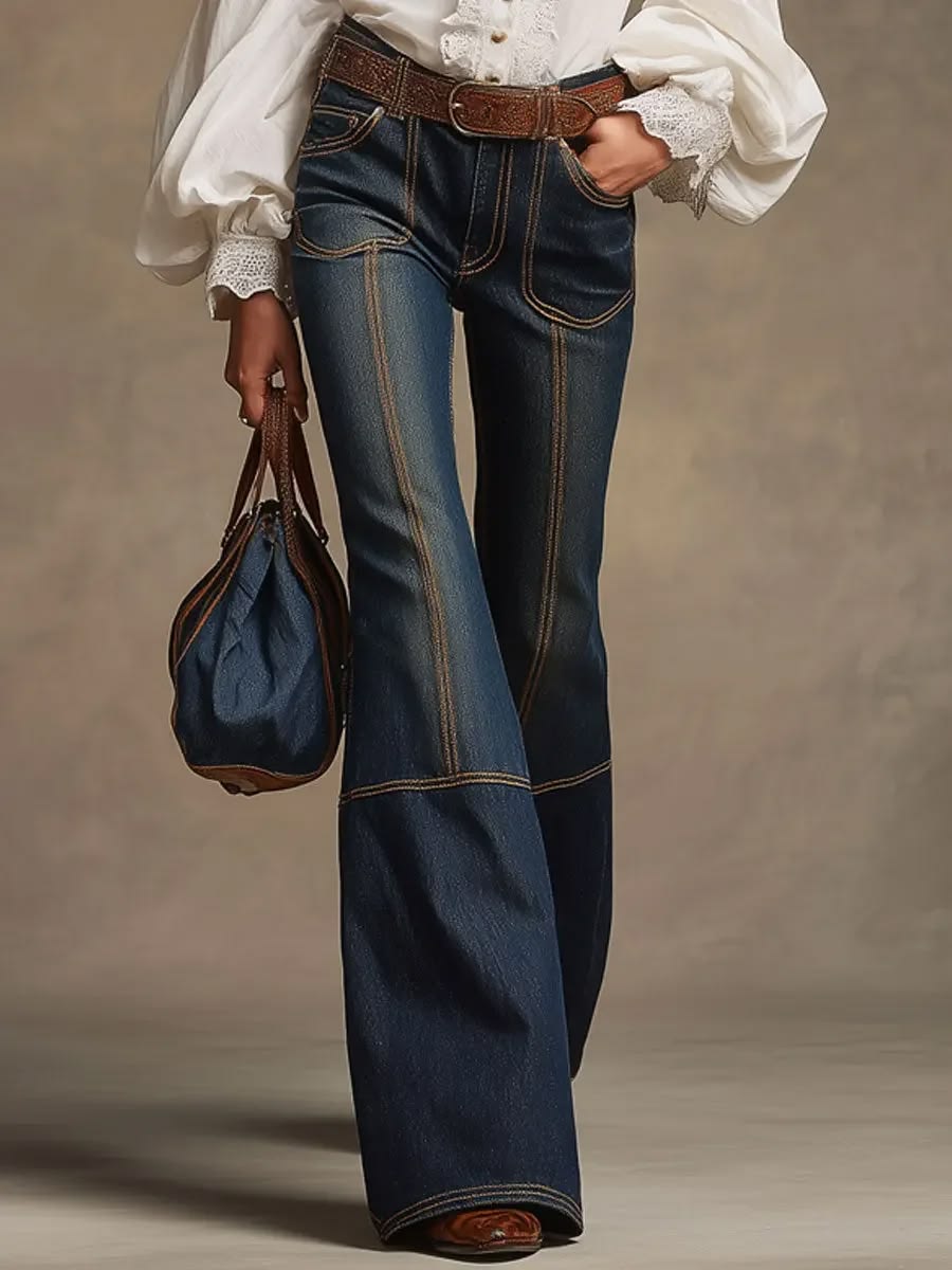 Women's Casual Retro Brown Double-stitched Jeans