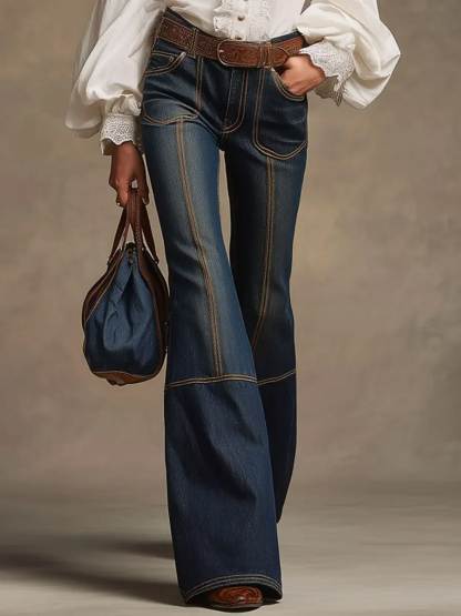 Women's Casual Retro Brown Double-stitched Jeans