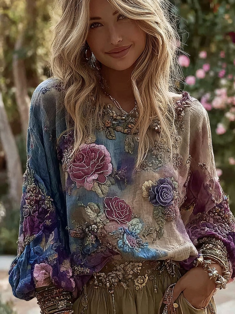 Women's Vintage Purple Rose Embroidered Linen Shirt