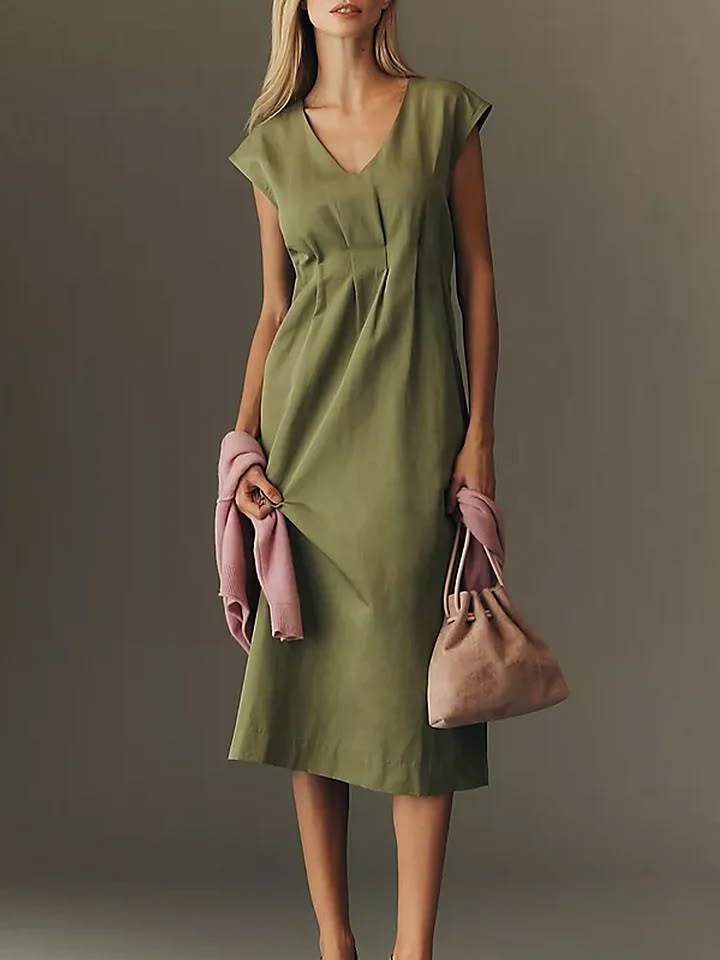 Women's Solid Color V-neck Sleeveless Casual Loose Cotton Linen Dress