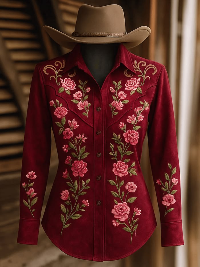 Women's Burgundy Rose Embroidered Western Shirt