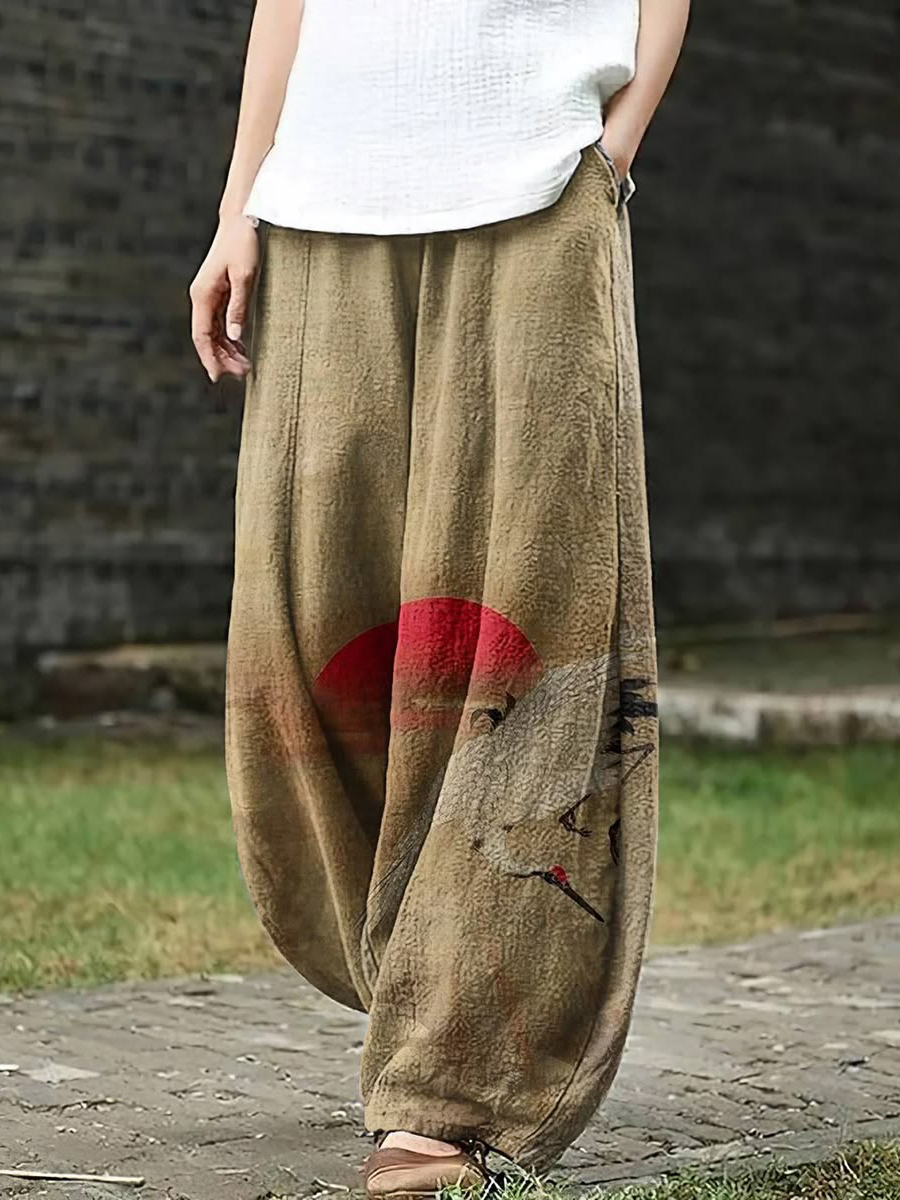 Women's Khaki Red Sun & Crane Print Linen Harem Pants