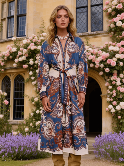 Women's Blue-Brown Paisley Belted Shirt Dress