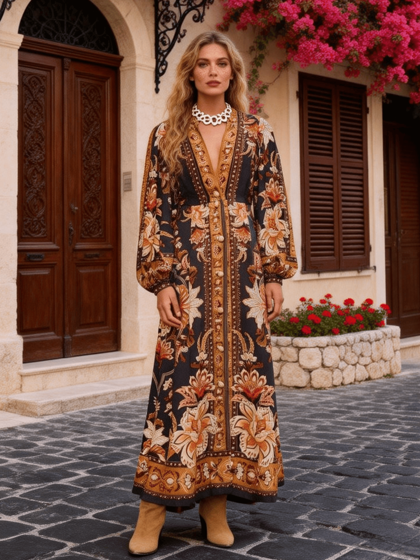 Women's Black-Brown Floral Print Maxi Shirt Dress