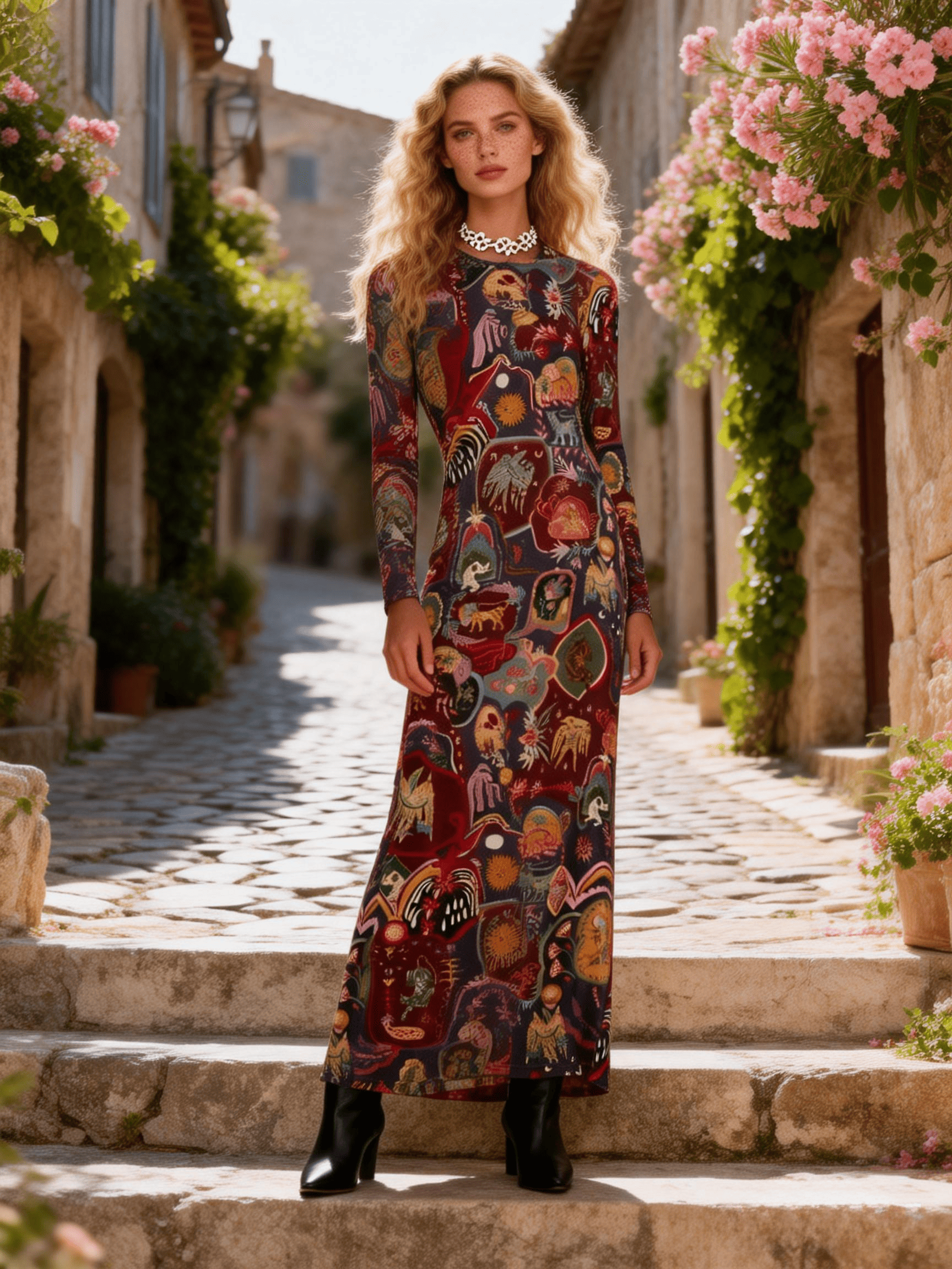Women's Burgundy Vintage Pattern Fitted Maxi Dress