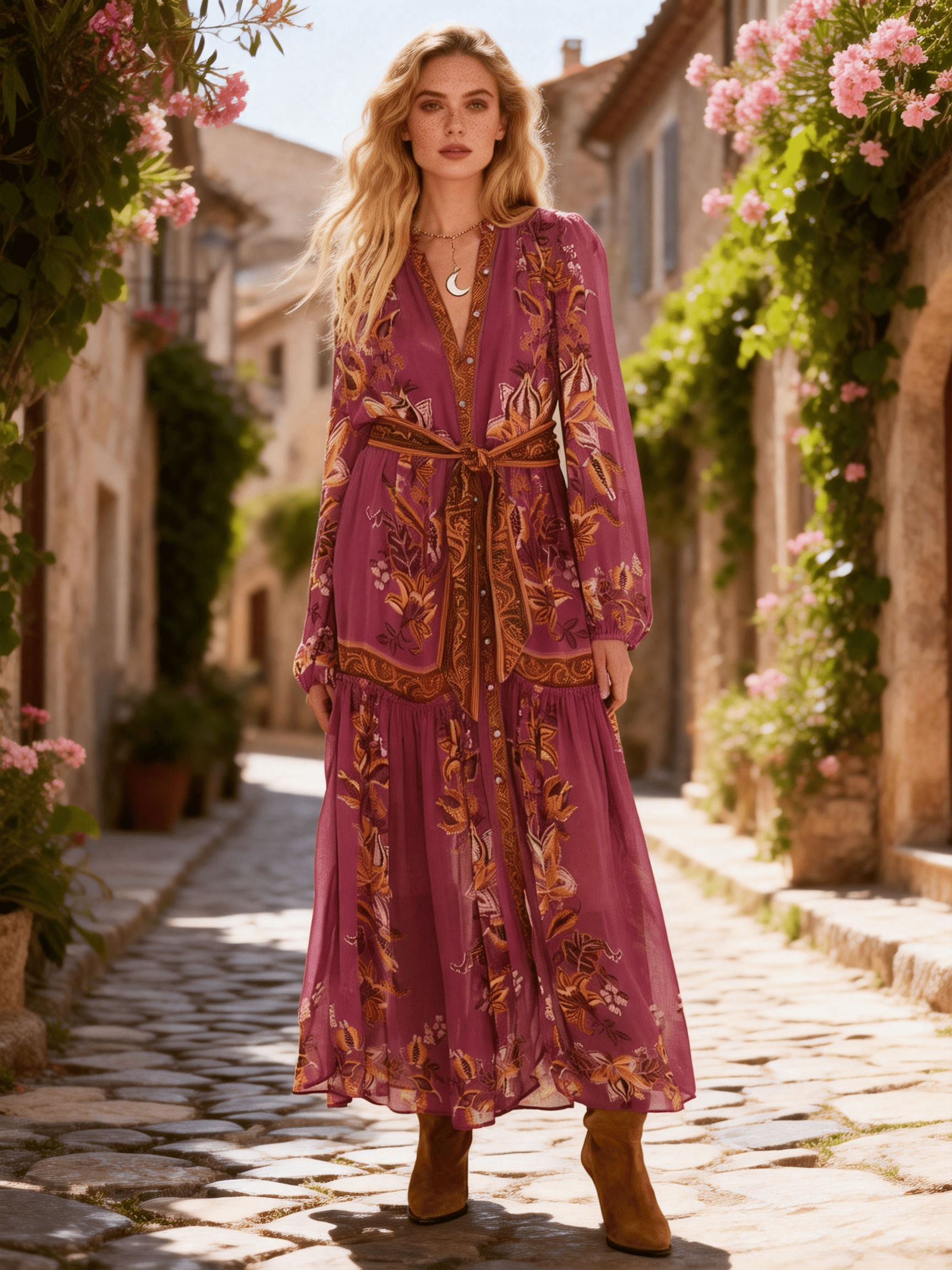 Women's Burgundy Floral Print Waist-Tie Maxi Dress