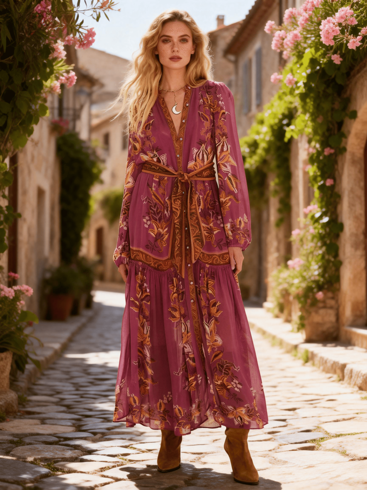 Women's Burgundy Floral Print Waist-Tie Maxi Dress