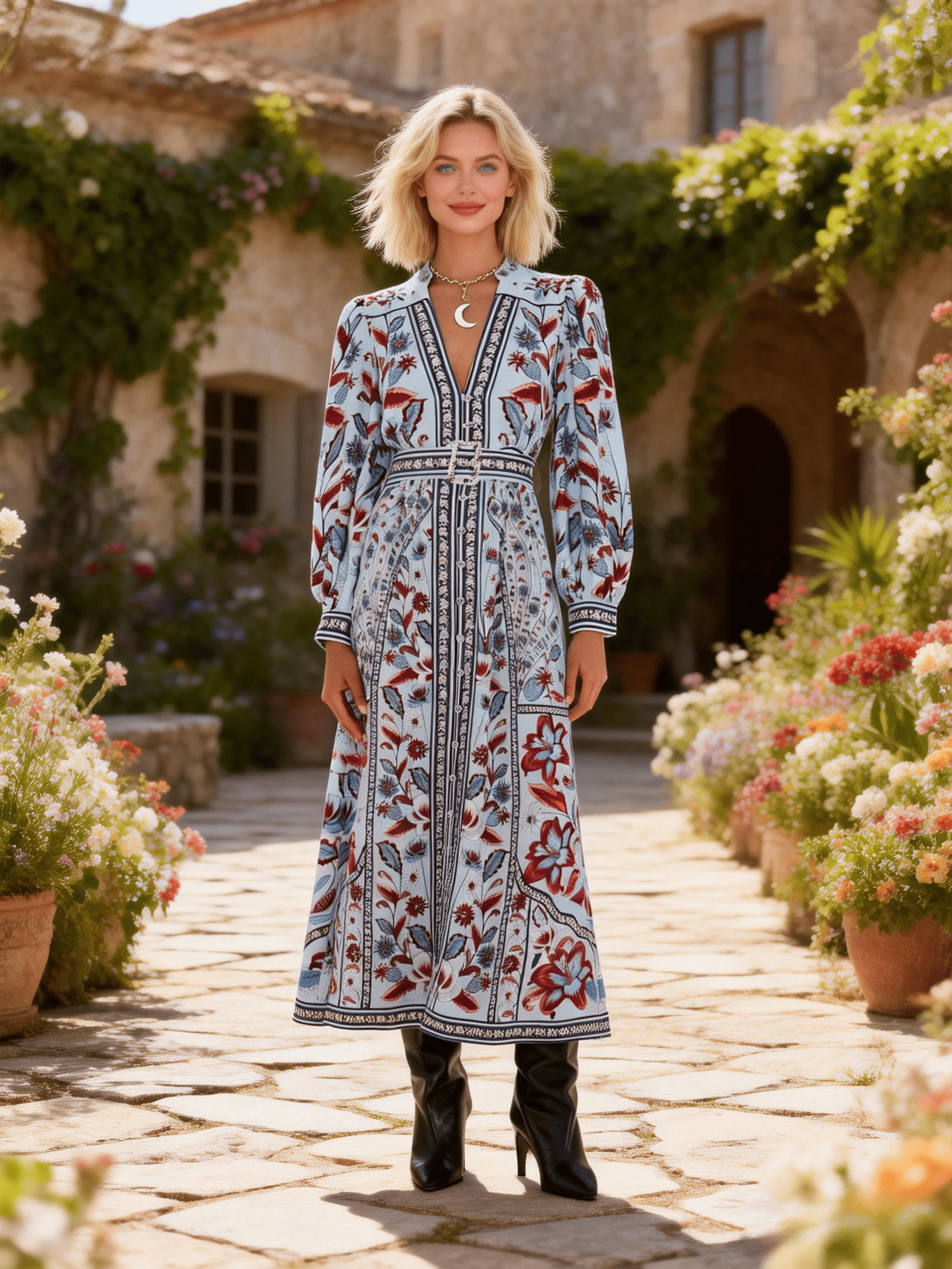 Women's Light Blue-Red Floral Print Fitted Midi Dress
