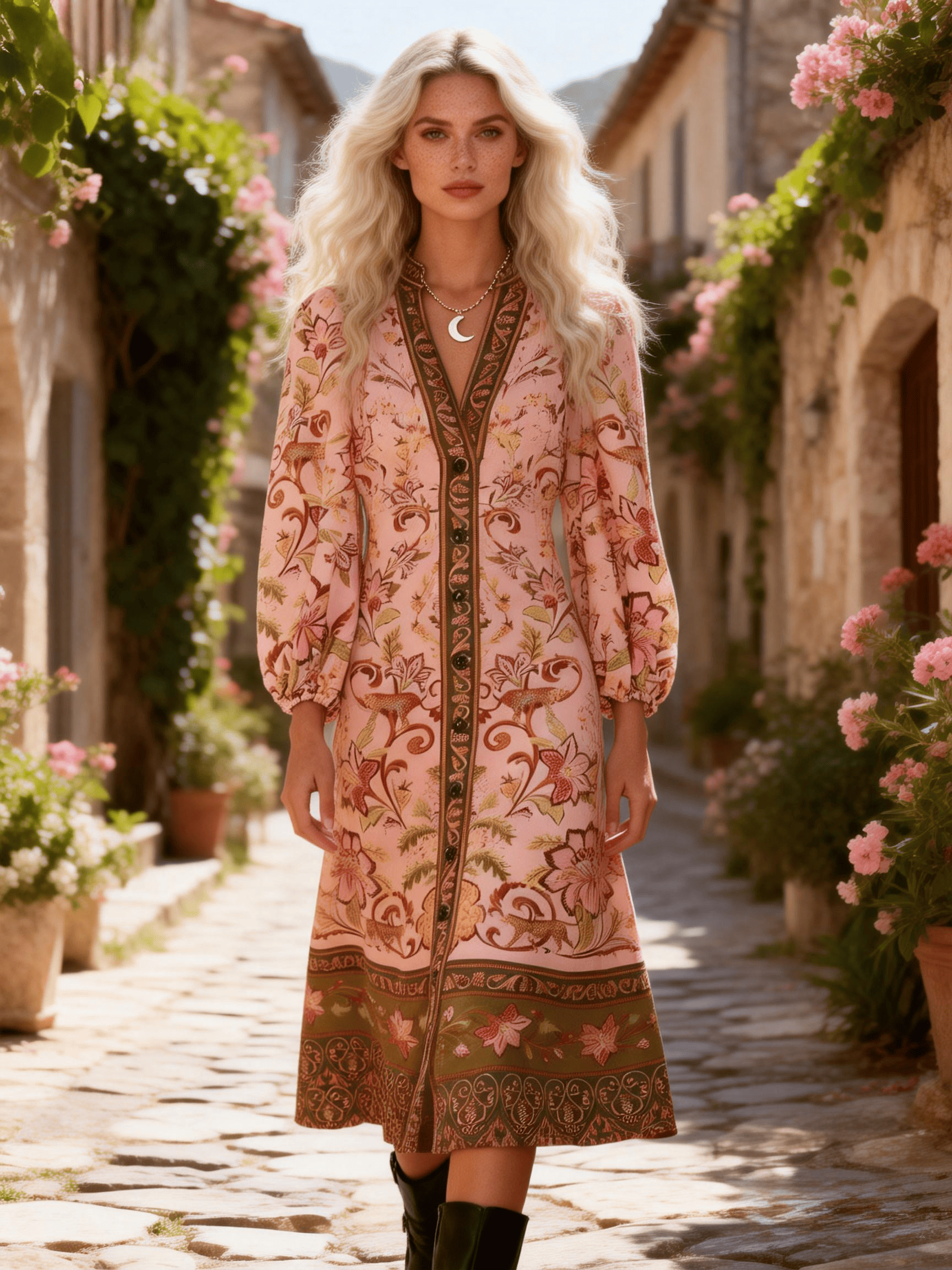 Women's Pink Floral Print Waist-Tie Midi Dress