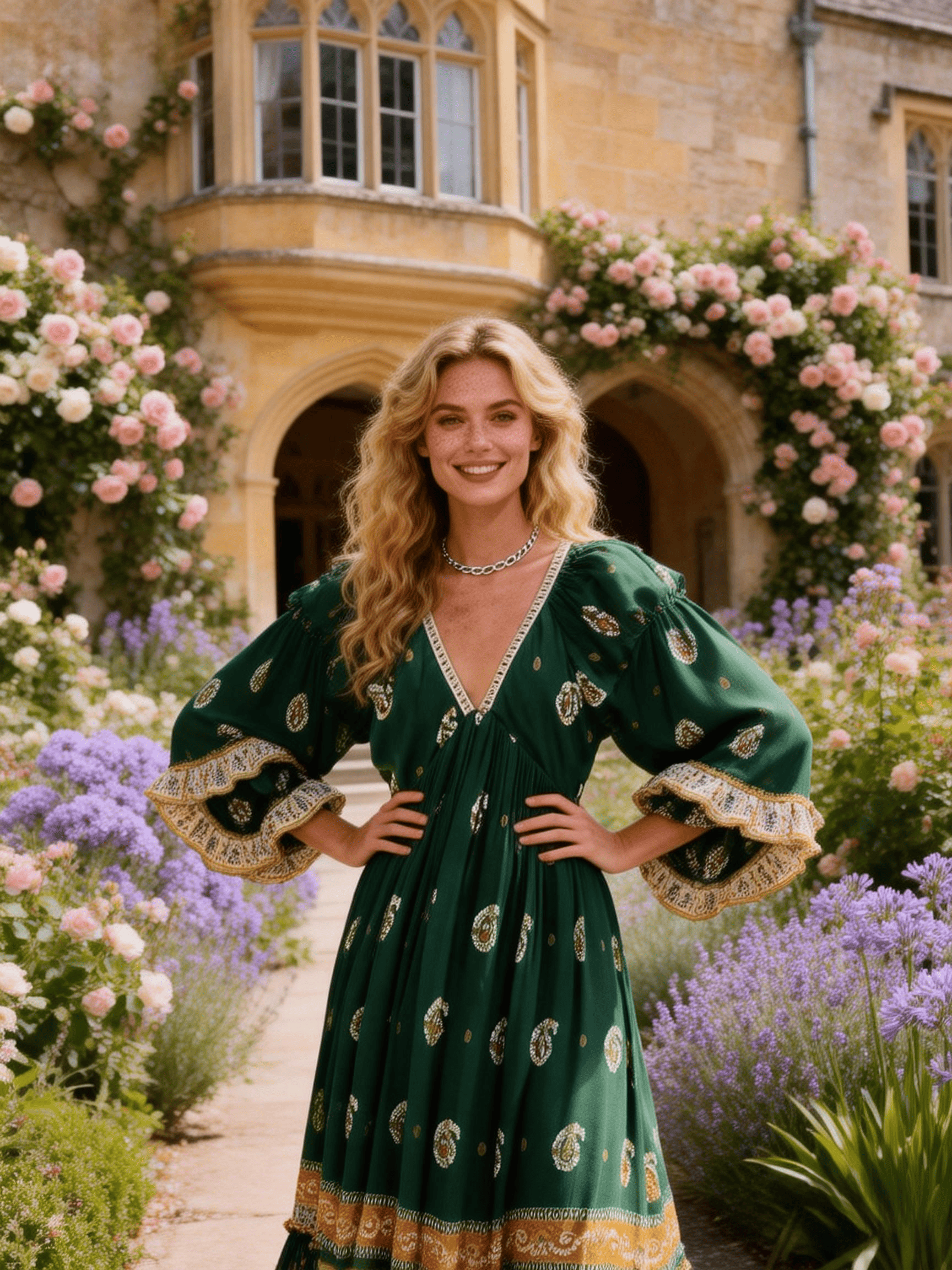 Women's Emerald Paisley Print Puff-Sleeve Maxi Dress