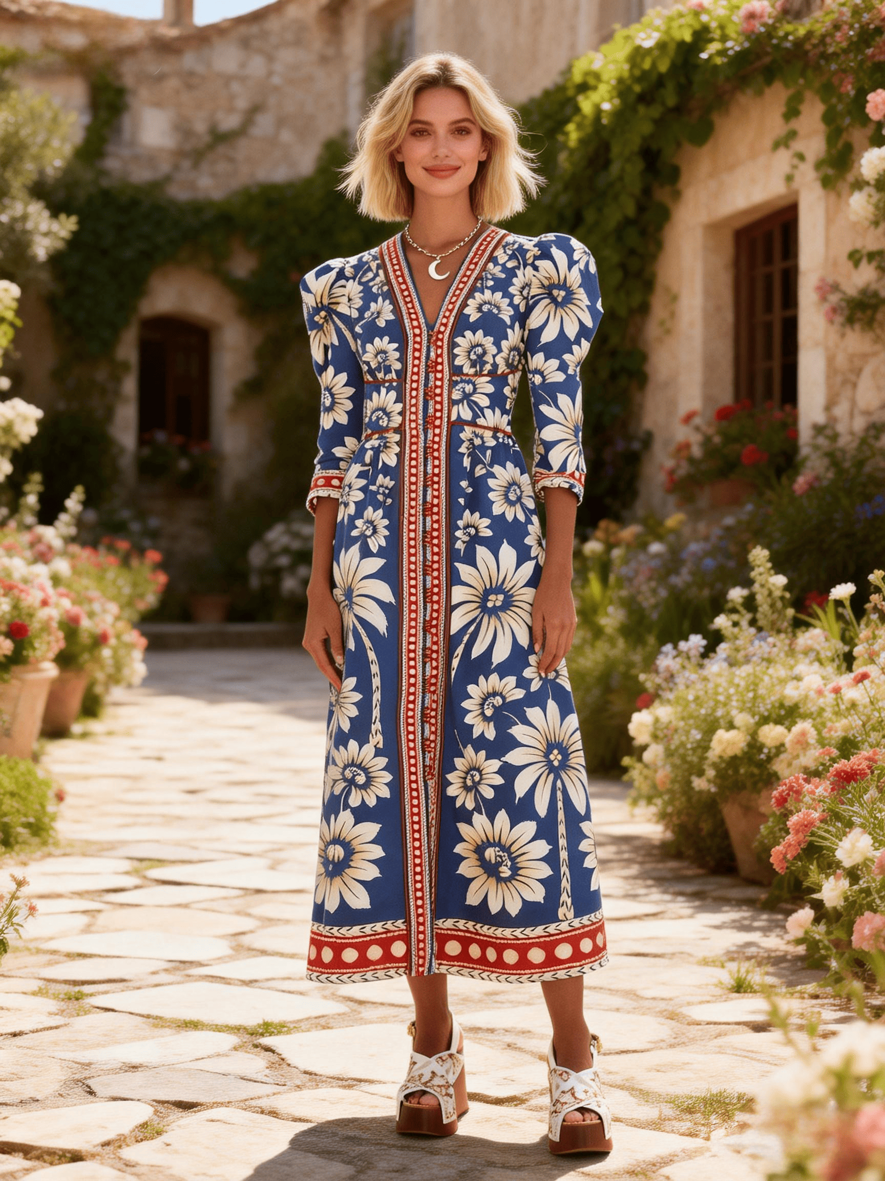 Women's Blue-White Floral Puff-Sleeve Midi Dress