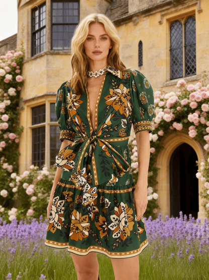 Women's Emerald Floral Tie-Waist Puff-Sleeve Mini Dress