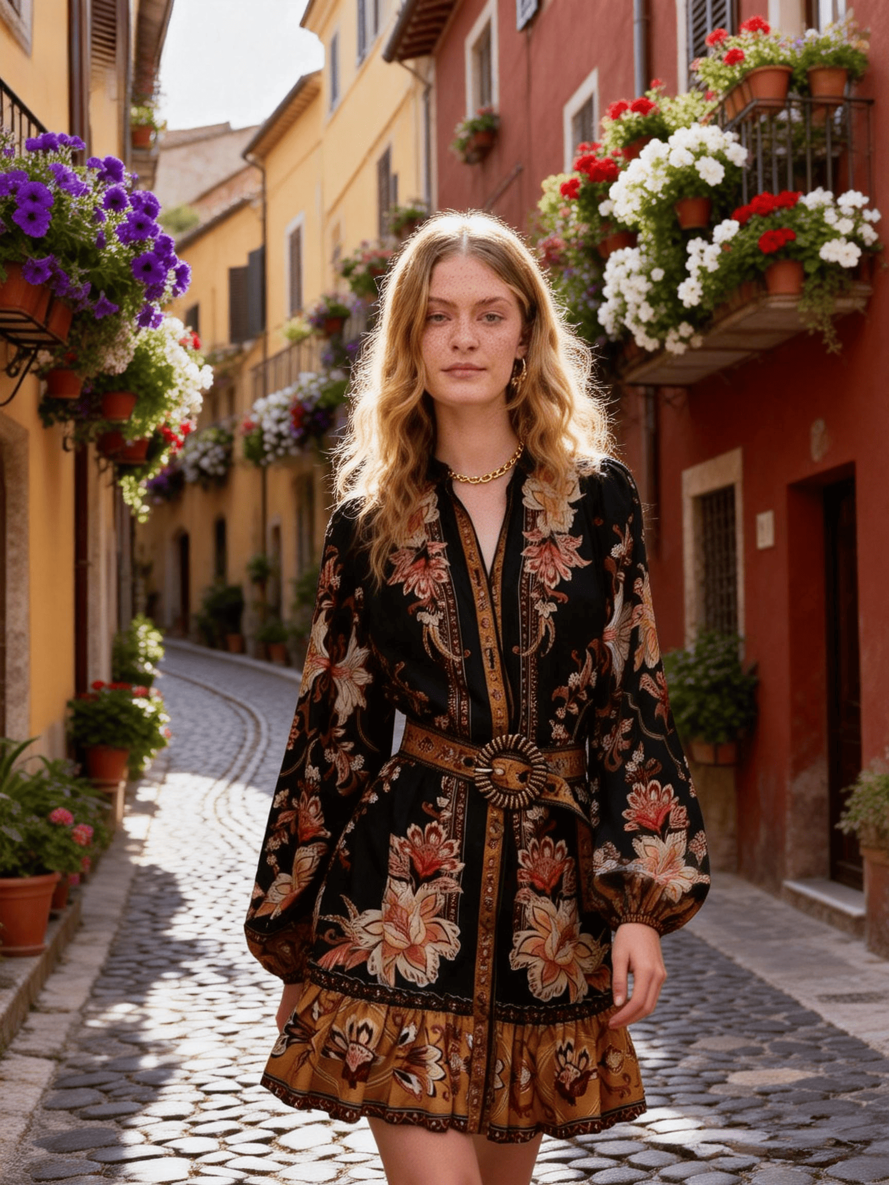 Women's Black Gold Floral Waist-Tie Puff-Sleeve Mini Dress